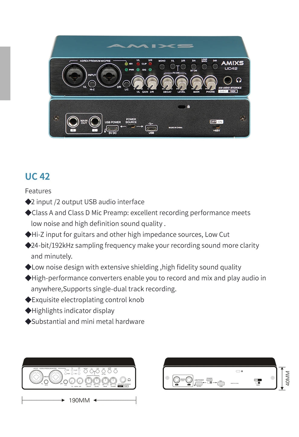 UC42 USB Audio Interface Recording Sound Card