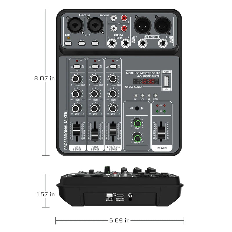 4 Channel Bluetooth Mixer with 48V Phantom Power