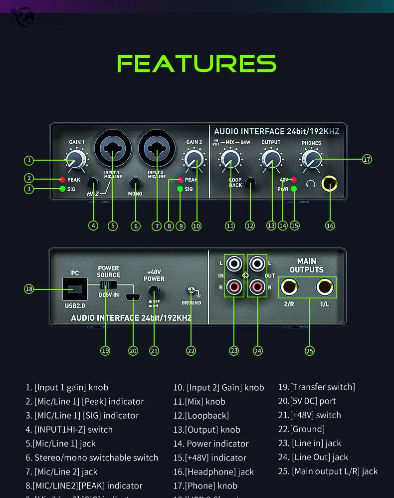 USB Audio Interface Mixer 2 Channel Recording