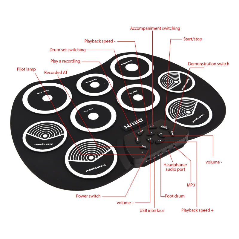 Portable Electronic Drum Set 9 Pad MIDI Kit