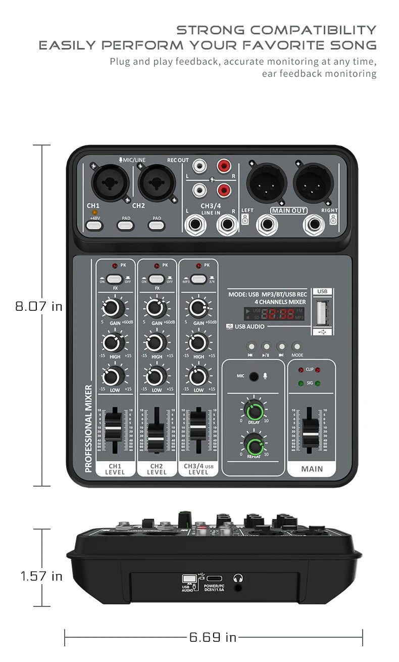 4 Channel Bluetooth Mixer with 48V Phantom Power