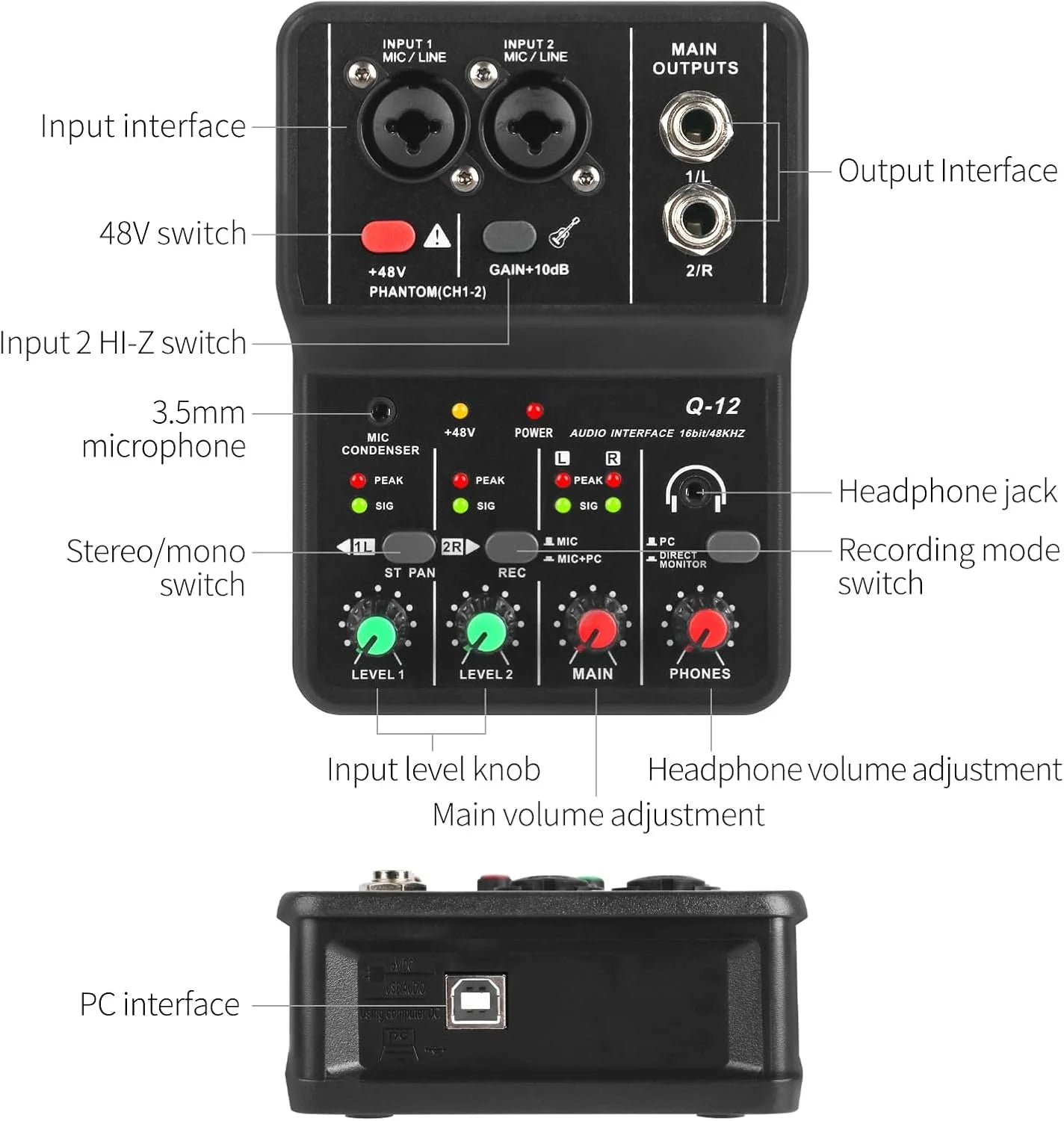 Professional Portable USB Audio Interface Mixer