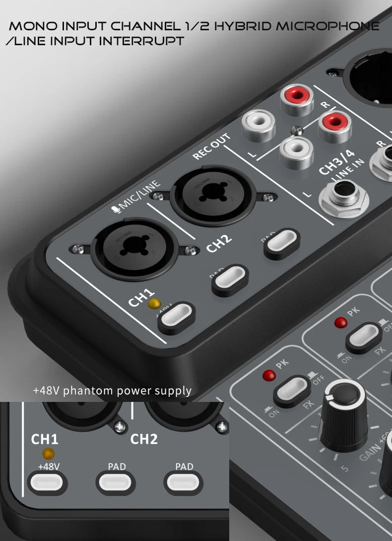4 Channel Bluetooth Mixer with 48V Phantom Power