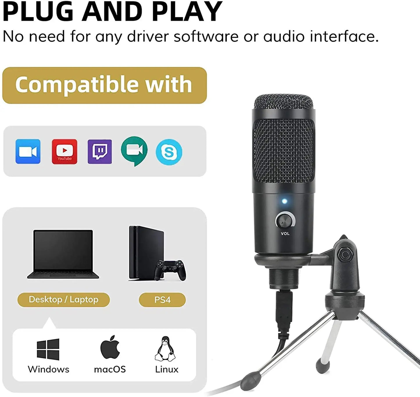 USB Condenser Microphone with Desktop Stand