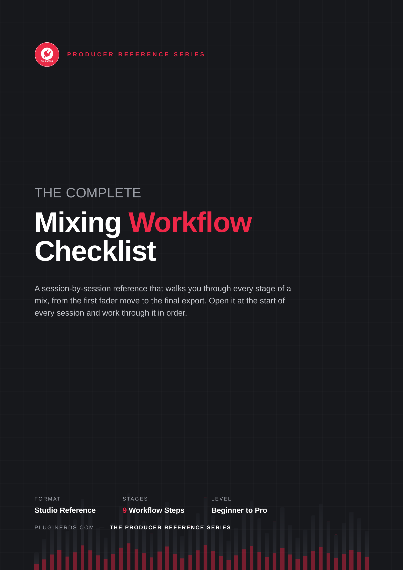 A digital cover for 'The Complete Mixing Workflow Checklist' from the Producer Reference Series, featuring a dark background with white and red text and a small red circular logo at the top left.